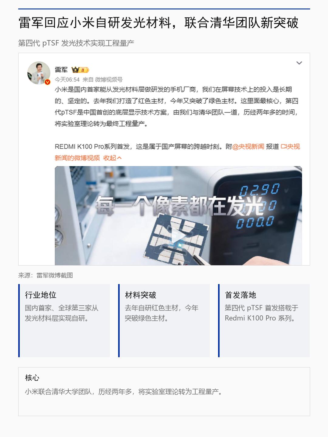雷军卢伟冰回应，国内首家自研发光材料
雷军卢伟冰都回应了小米屏幕那档子事，据雷军