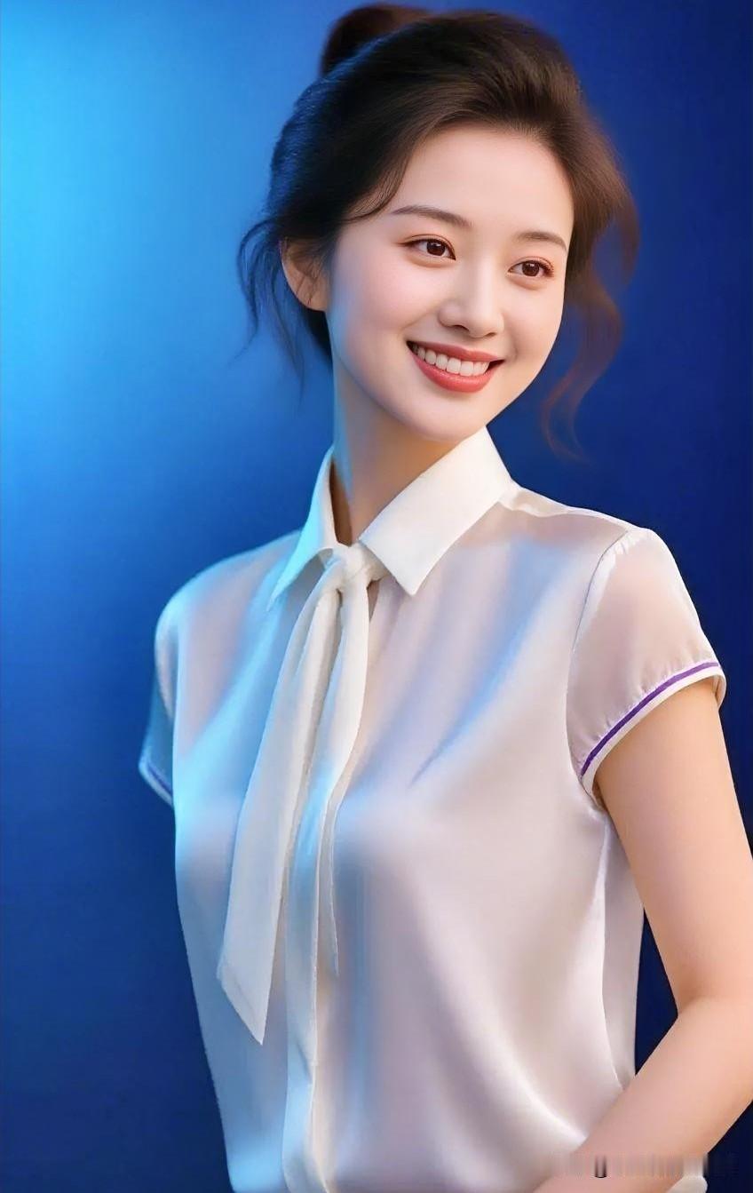 湛蓝如洗，衬着一袭皎白。领间丝带轻盈曼舞，宛若振翅的白蝶。明眸皓齿，笑靥如花，将