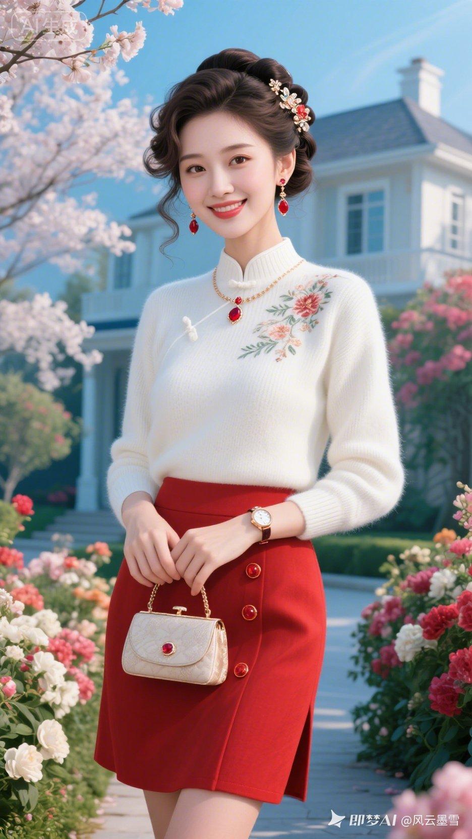 优雅复古风穿搭，白色毛衣搭配红色半身裙，花海中的时尚少女！