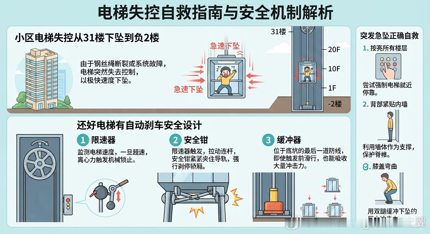 小区电梯失控从31楼下坠到负2楼 电梯从31楼急速下坠到负2楼确实极其危险，万幸