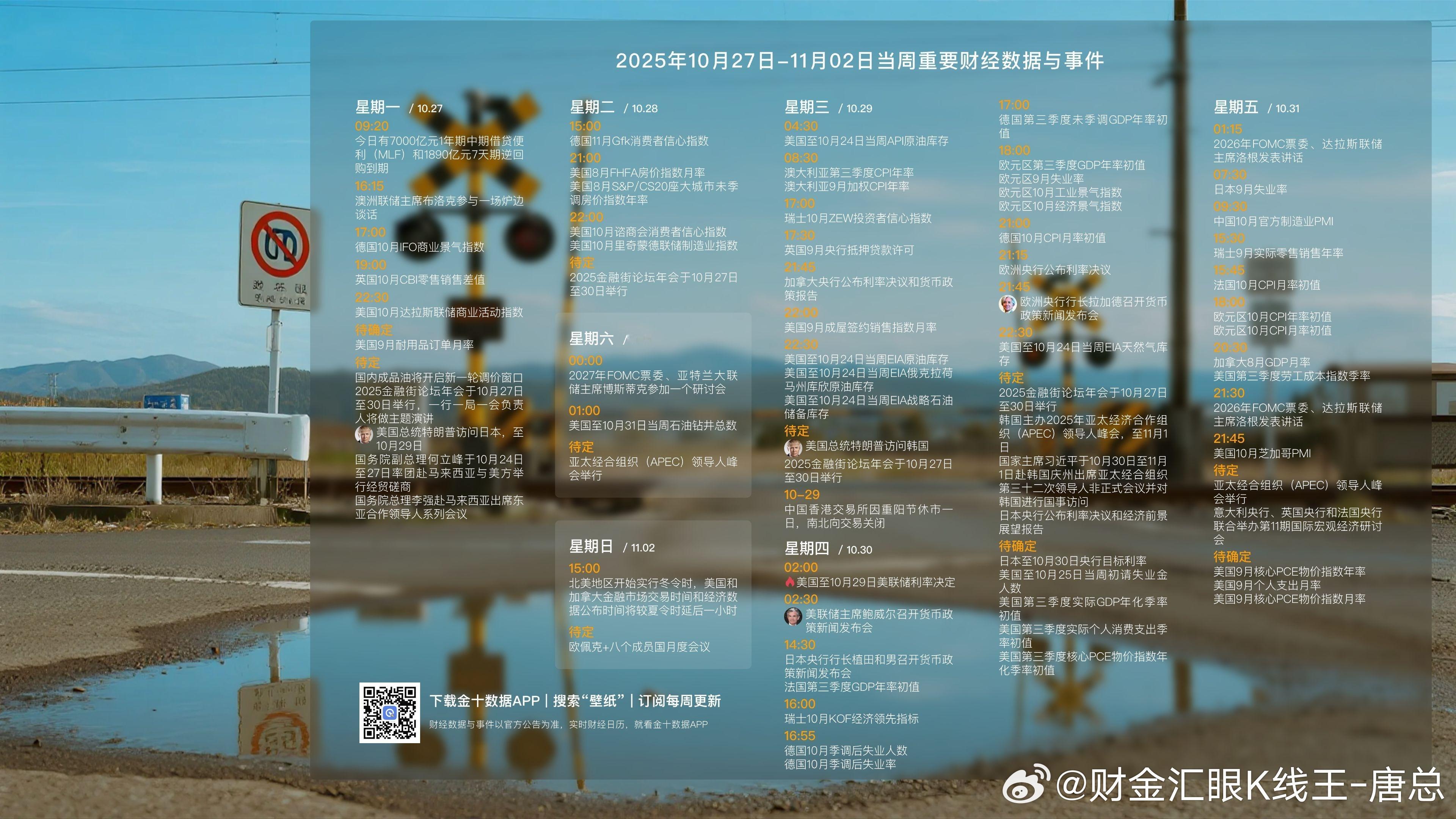 10月27日-11月2日本周重要财经数据与事件来了，请我的朋友们查收！！大家刷到