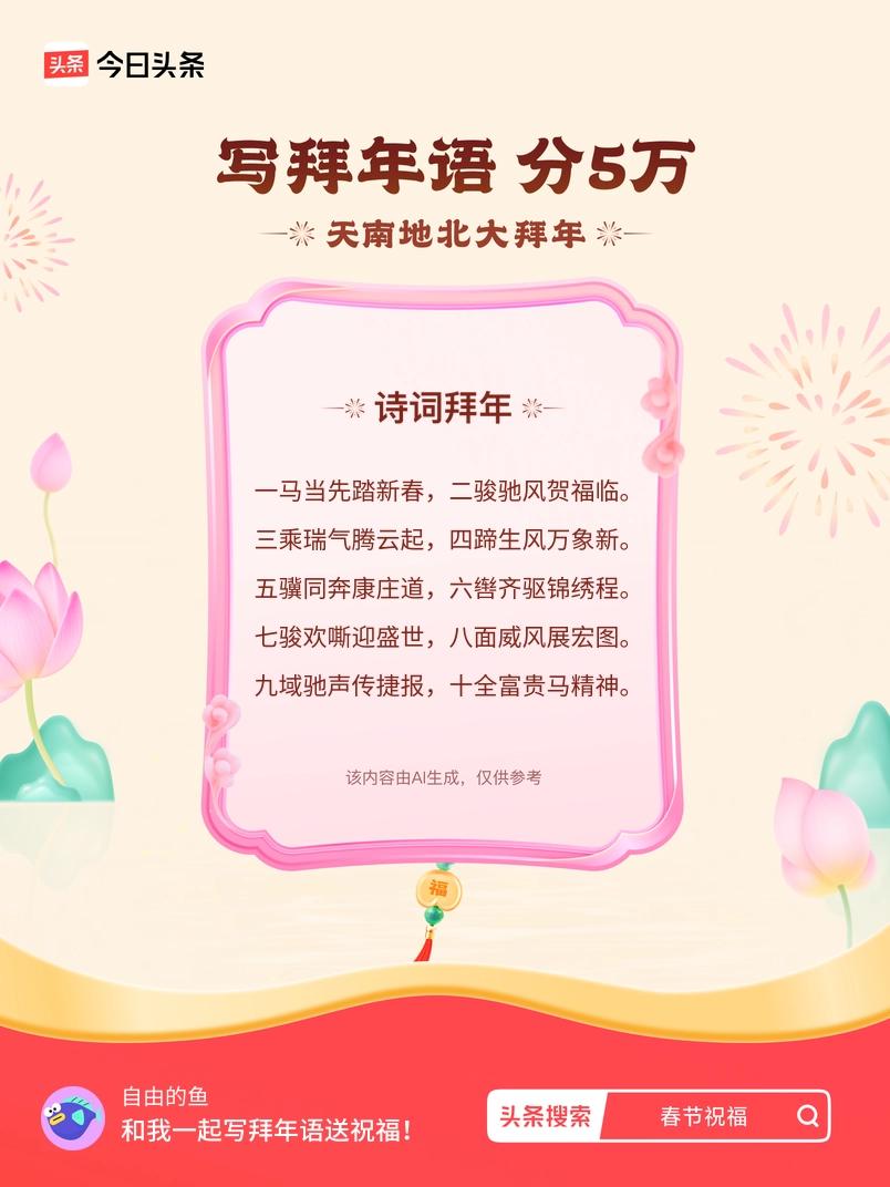 写拜年语送祝福新春拜年送祝福！我的祝福是：“一马当先踏新春，二骏驰风贺福临。三乘