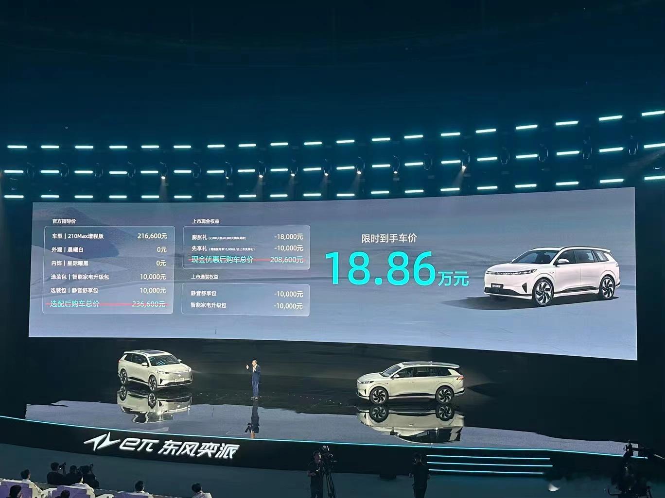 今天晚上东风连出两款新车，东风奕派 eπ 008 21.66万元起。算上各种权益