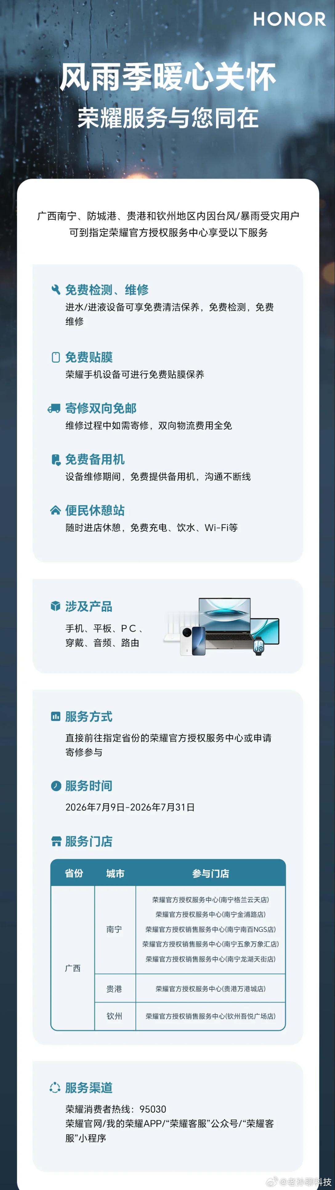 荣耀良心，荣耀今日上线广西受灾地区专属关怀服务7月9日至31日，南宁、防城港、贵