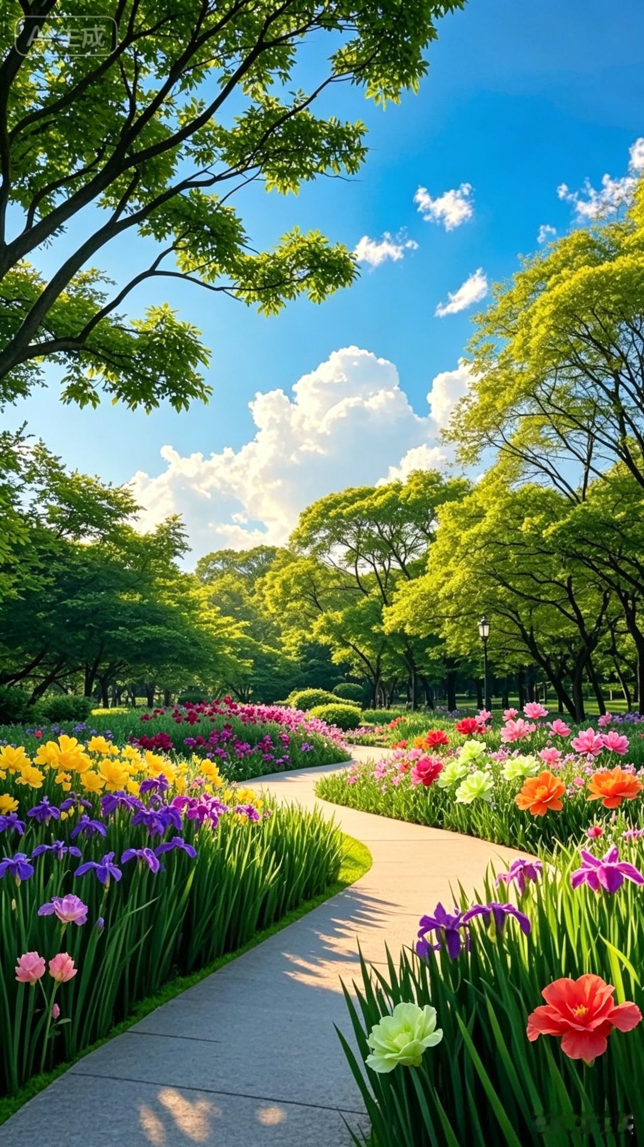 五彩花园美景顺口溜（邀续尾）
林荫小径曲蜿蜒
五彩繁花满路边
金黄夺目惹人怜
紫