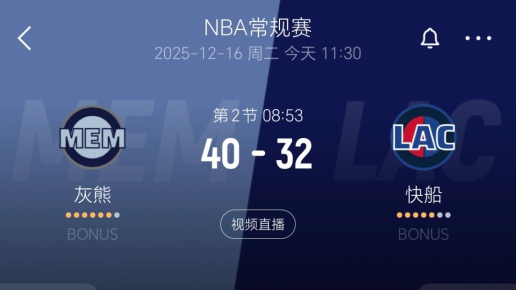 今天来的早一些领先6分暂停，现在落后8分灰熊vs快船