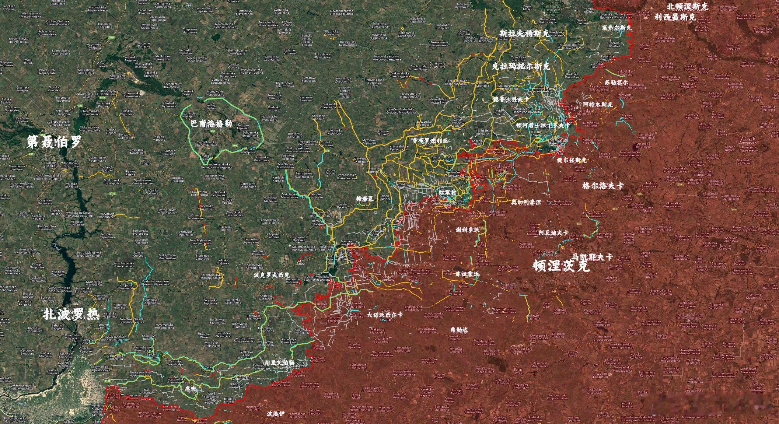 南顿巴斯的乌克兰防御工事图黄色 = 沟渠蓝色 = 龙牙灰色 = 铁丝来源：Pla