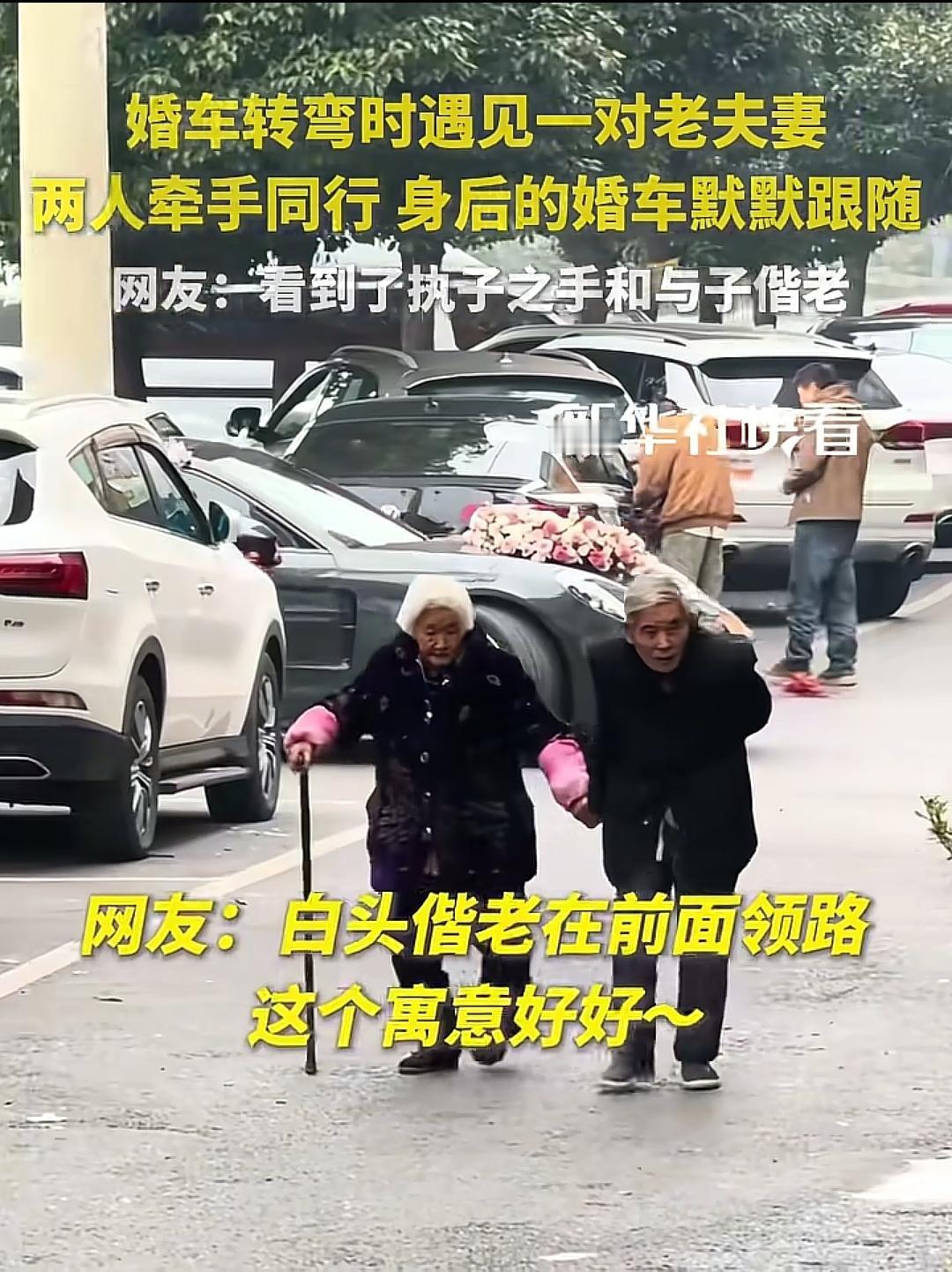 别的老人都在拦车要钱，这俩老人在给新人领路。相互搀扶才是婚姻的真谛，相互关爱才能