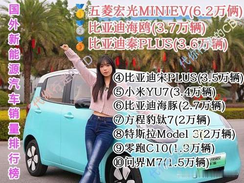 中国造再次扬眉吐气！
国外新能源汽车销量TOP10中车霸榜，比亚迪独占4个。
