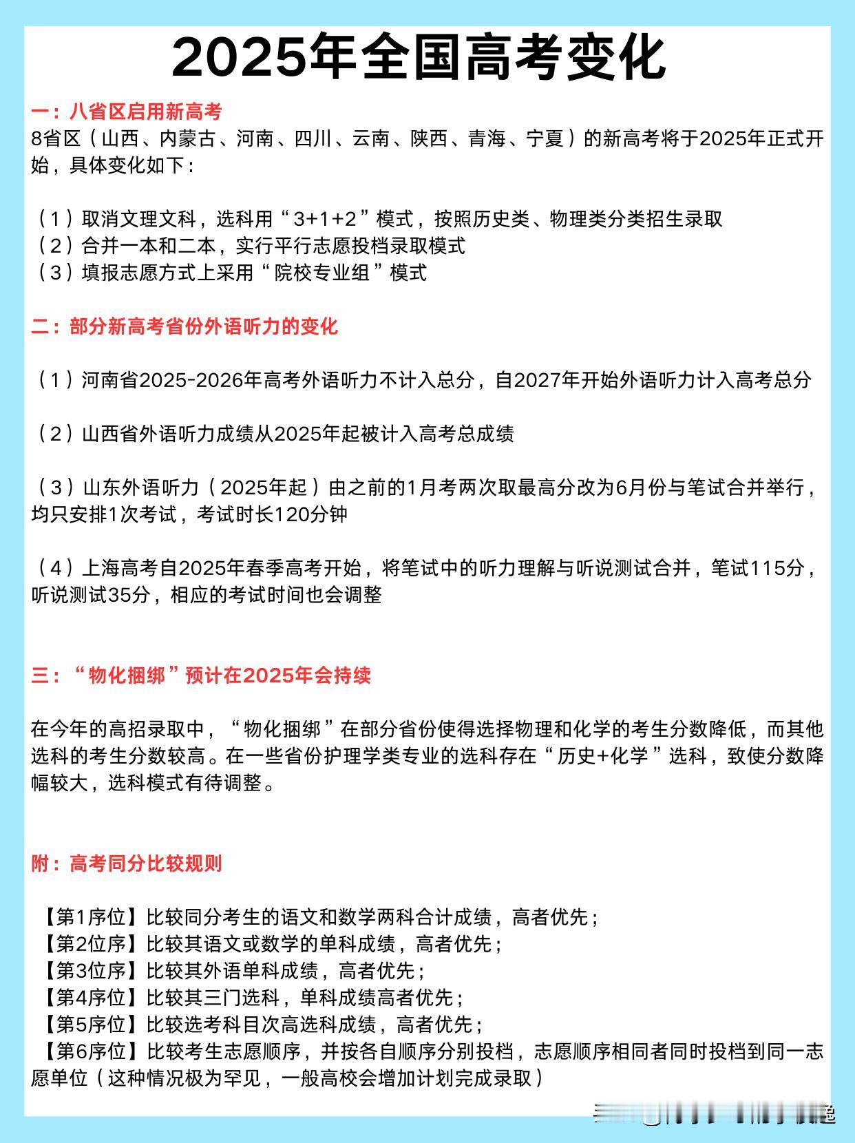 
2025全国高考的变化！

具体见下图

（1）8省区（山西、内蒙古、河南、四