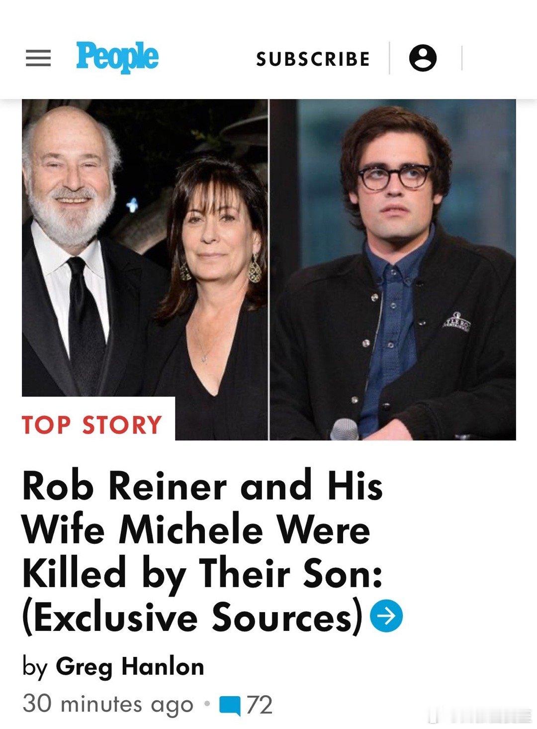 好莱坞著名演员、导演、制片Rob Reiner及其妻子，在洛杉矶家中被刺身亡据《