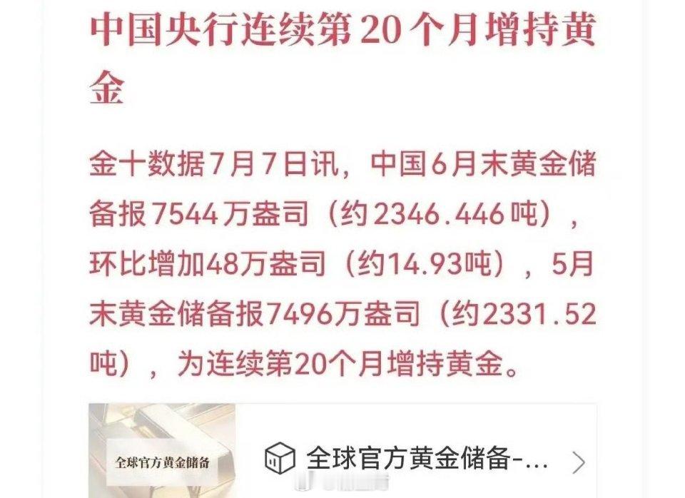 中国央行连续20个月增持黄金，6月购金创2023年11月以来新高。央行数据显示，