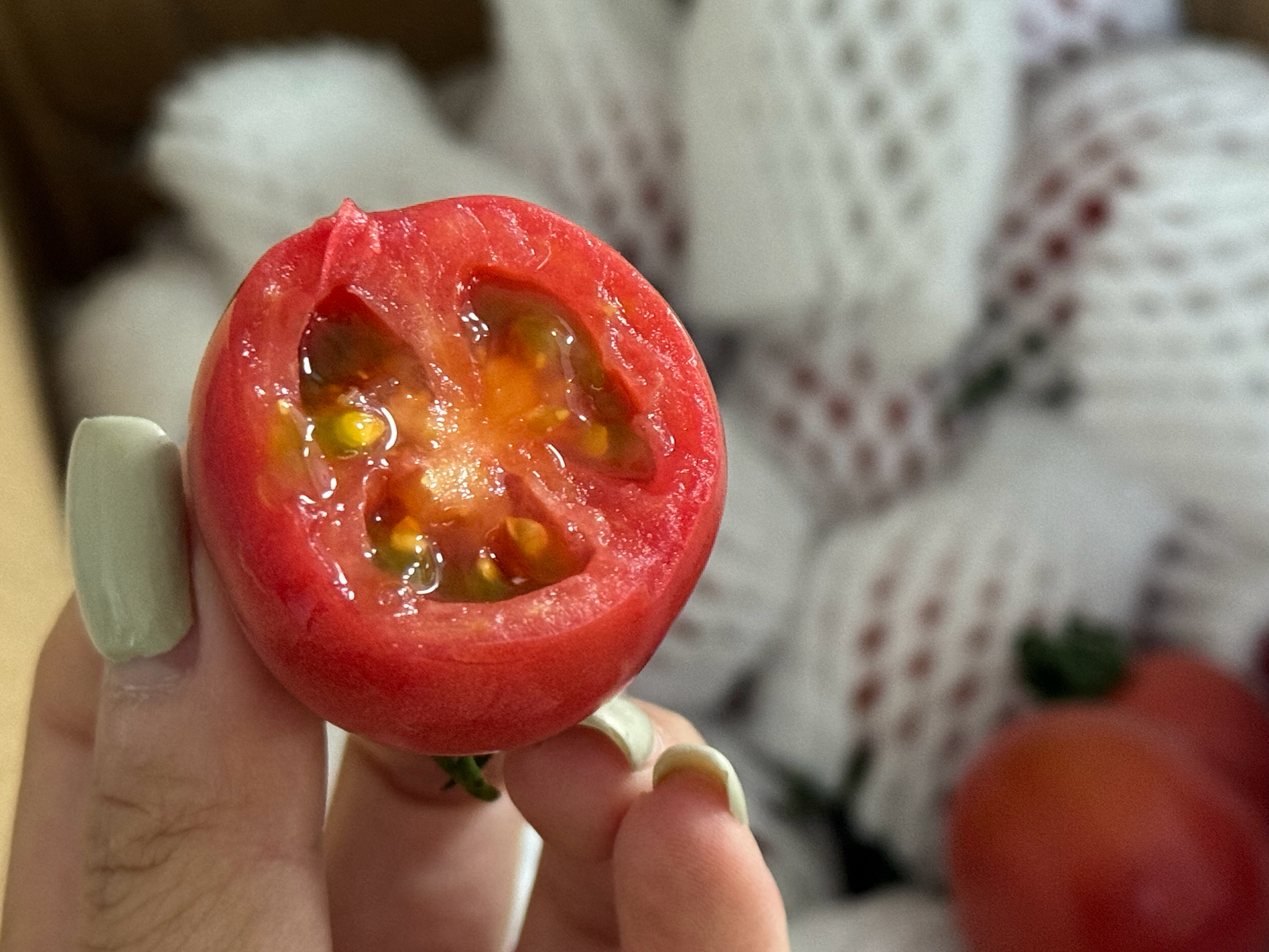 这个攀枝花小番茄9月份就上市了，现在甜度上来点了才让基地寄了箱来试试，个头比一般