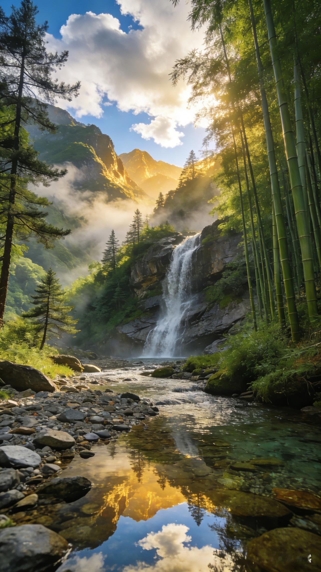 山水壁纸简介：云雾缭绕的青山如黛，层峦叠嶂间流淌着碧绿的溪流，两岸绿树成荫，繁花