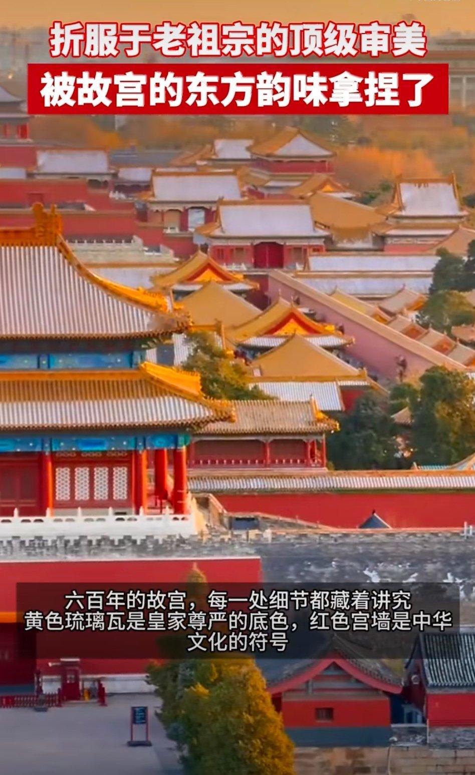 老祖宗的审美在故宫具象化了红墙黄瓦，雕梁画栋，一砖一瓦皆是东方极致浪漫。故宫把老