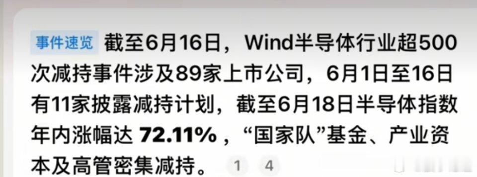 6月份由国家科创基金带头，掀起了国产半导体的减持潮。减持的公司达到了89家，仅仅