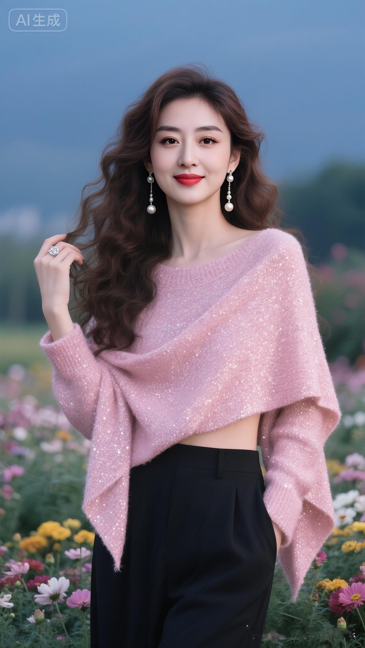 真人写真，深棕长波浪卷发带发丝光，玫瑰粉闪片毛衣配黑阔腿裤，珍珠流苏耳饰温婉。美