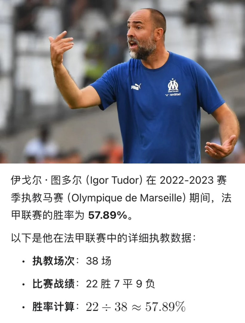 热刺官宣了新帅德泽尔比。好消息：德泽尔比执教马赛的联赛胜率达到了59.3%坏消息