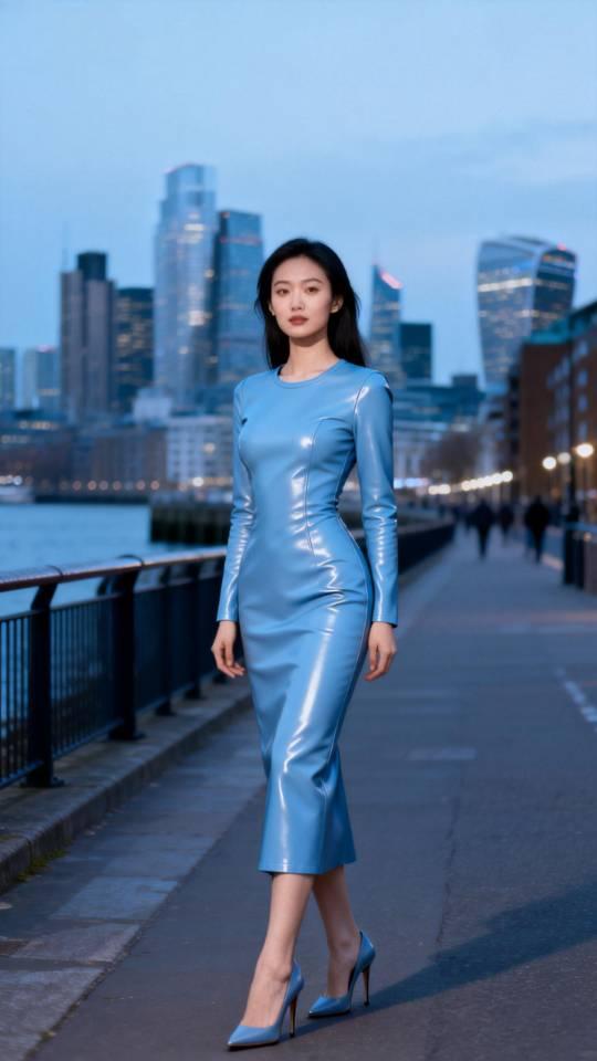 身穿蓝色皮质连衣裙的女子在海边散步。皮连衣裙 气质美女
