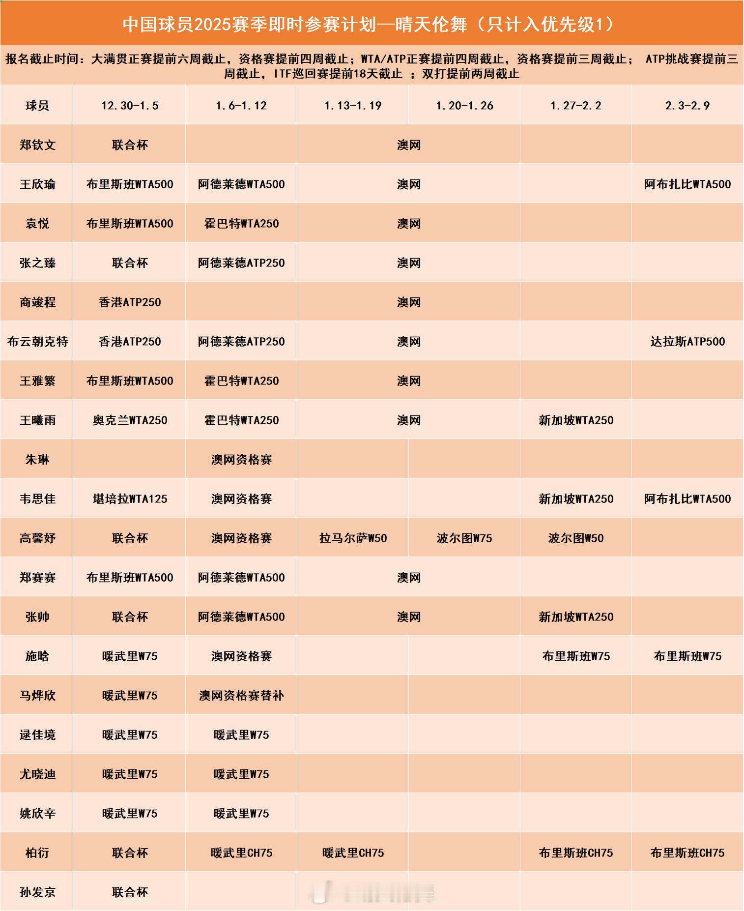 中国网球  中国球员2025参赛计划更新 