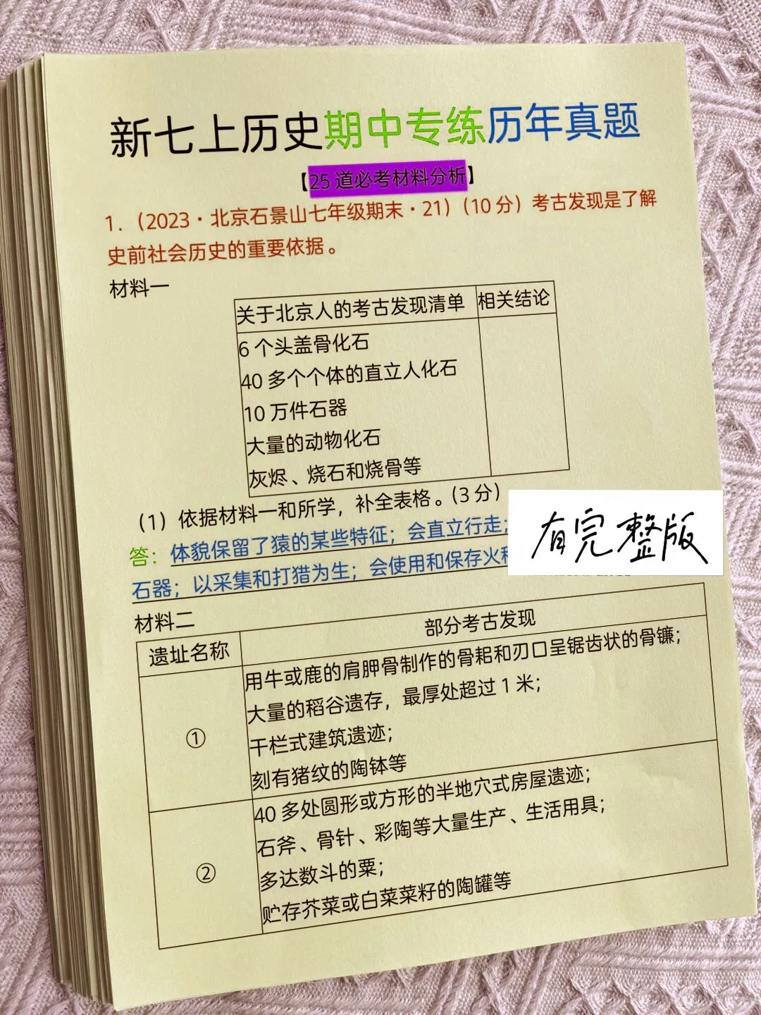 新版七上历史期中必考25道材料分析题‼️