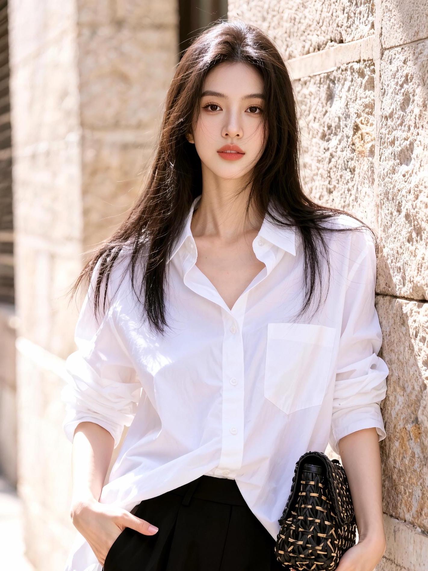 街拍定格，白衬自带清冷感。