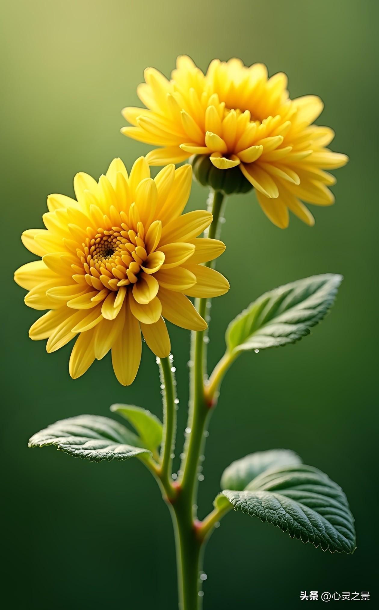 明黄菊花成对相依，细碎花瓣铺满温柔暖意，水珠轻缀青嫩花茎，在深绿背景里静静舒展，