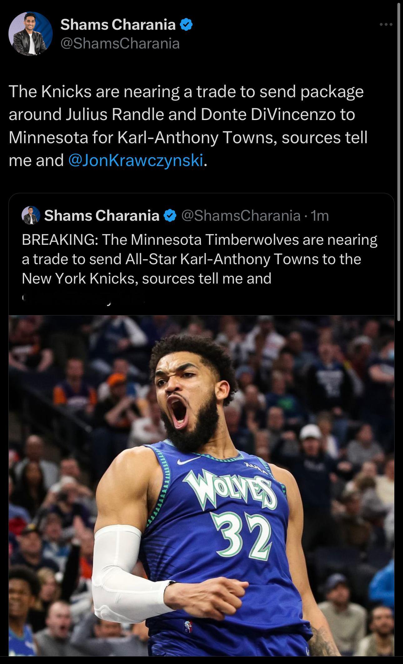 森林狼接近将唐斯交易到尼克斯😱😱，尼克斯送出兰德尔和迪文琴佐#nba# ｜#