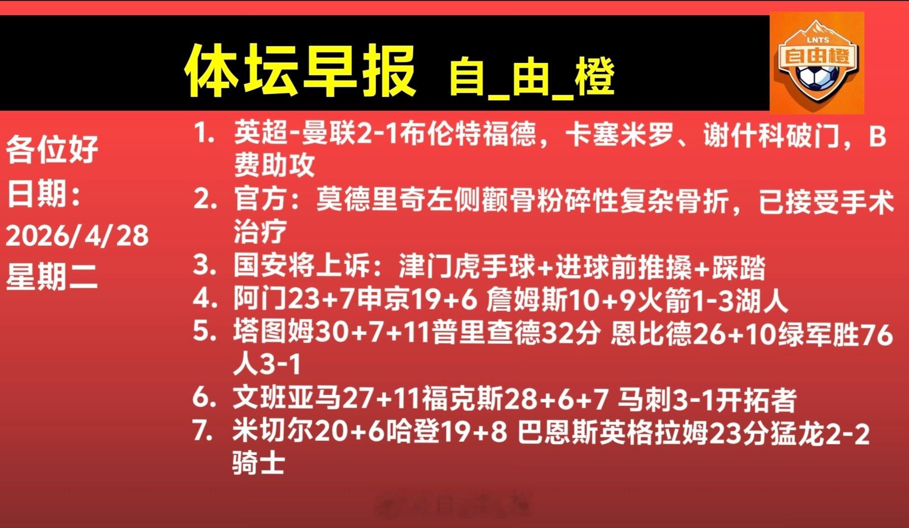 自由橙每日橙语体坛早晚报