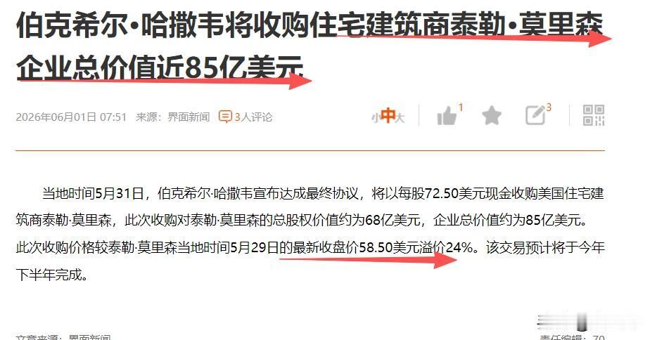 伯克希尔抄底房地产！
沉寂已久手握3000亿美元的伯克希尔哈撒韦连续抛出投资大动