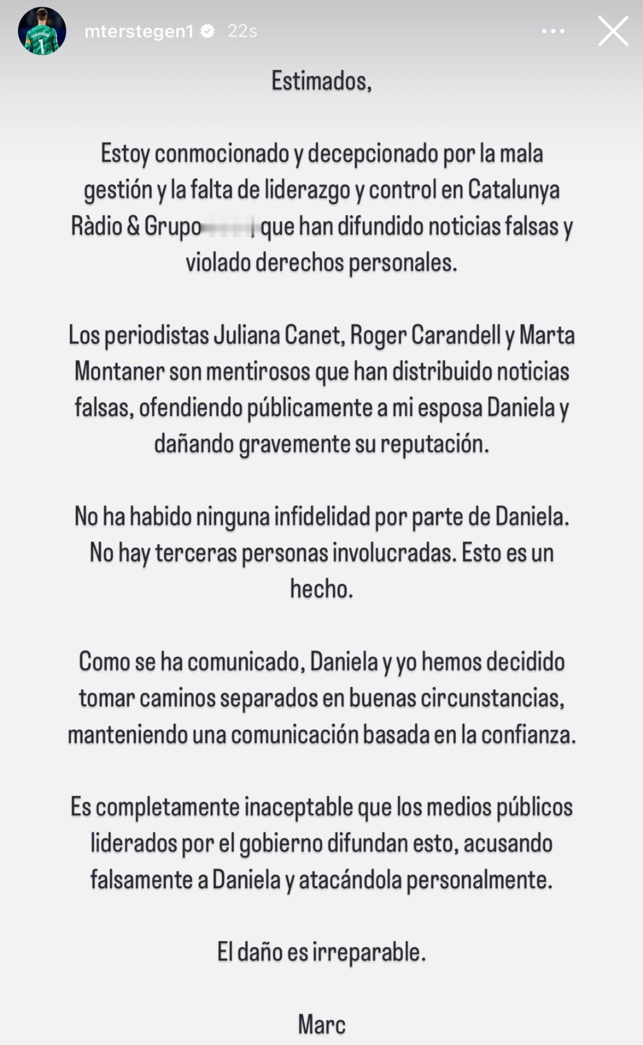 特尔施特根辟谣与前妻丹妮拉与私人教练出轨的新闻，特尔施特根为前妻丹妮拉辩护： 各