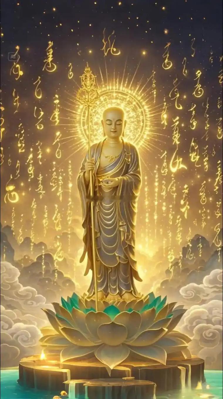 地藏菩萨灭定业真言：唵，钵啰末邻陀宁娑婆诃！ 祈愿众生消除宿世业障，身心康泰；祈