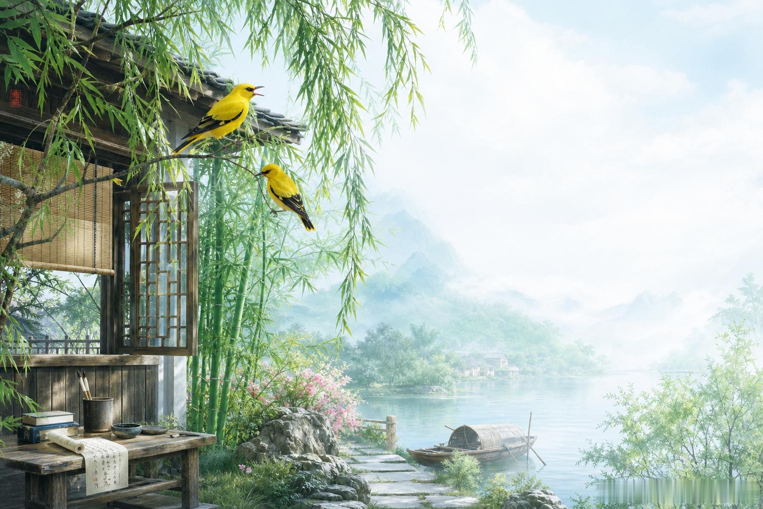 杜甫《绝句》两个黄鹂鸣翠柳，一行白鹭上青天。窗含西岭千秋雪，门泊东吴万里船。黄鹂