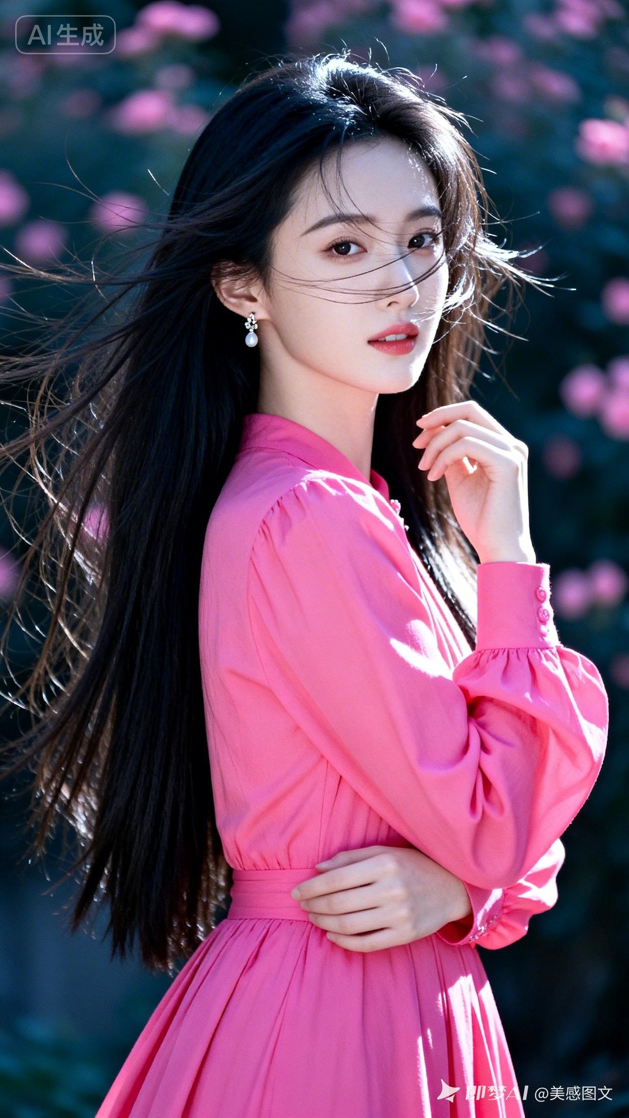 李婧身着荧光粉纯色春秋连衣裙，黑长直中长发蓬松垂坠，发丝轻飘凌乱。冷白皮细腻透亮