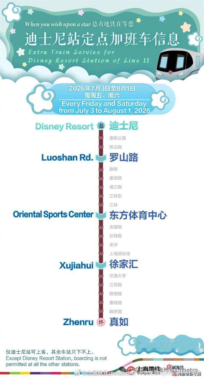 【上海地铁 7月3日至8月1日每周五、六：11号线迪士尼站开行定点加班车】202