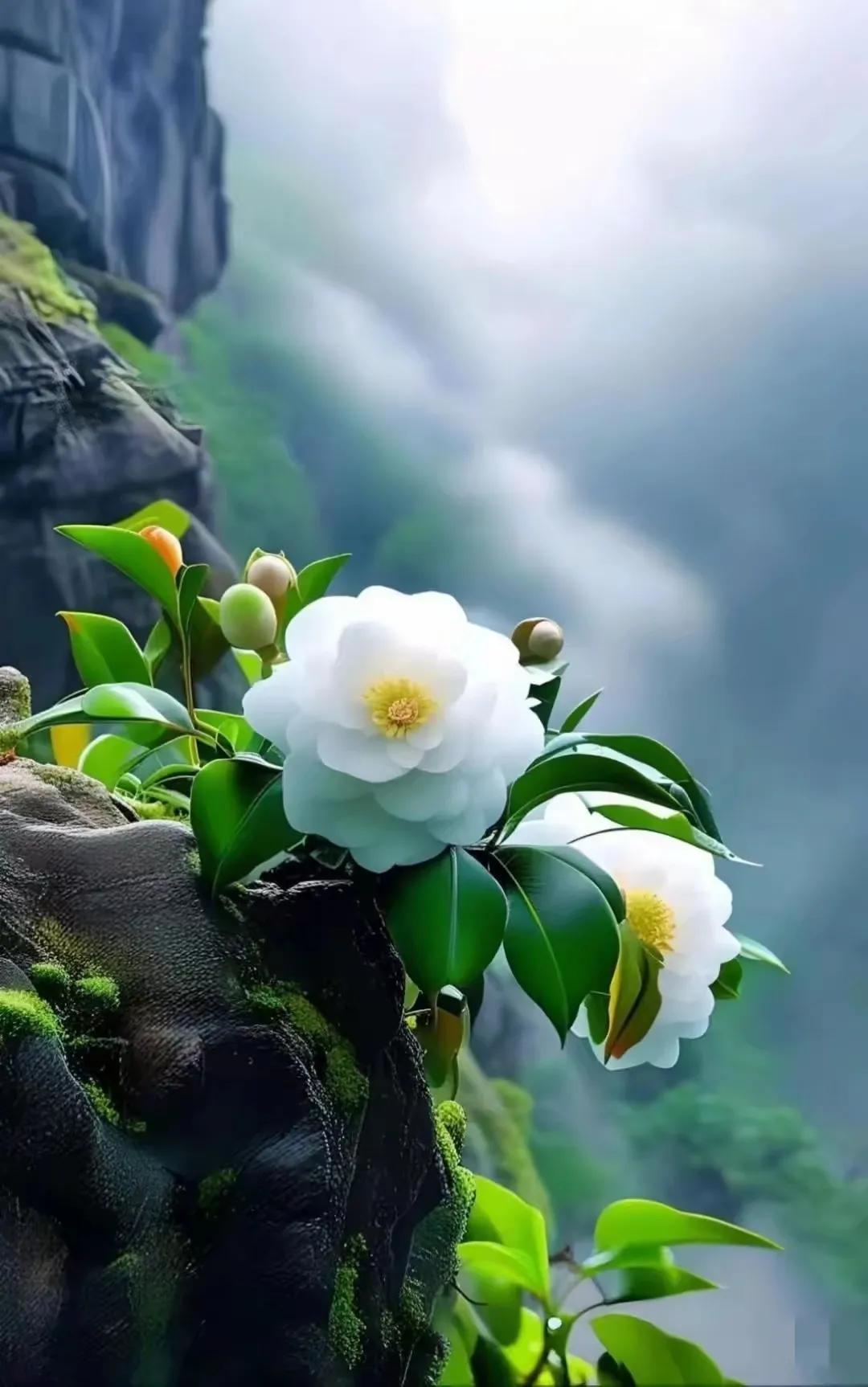 山崖上的山茶花！太美了[灵光一闪][来看我]#大山里的花卉# #山茶花绽放时# 