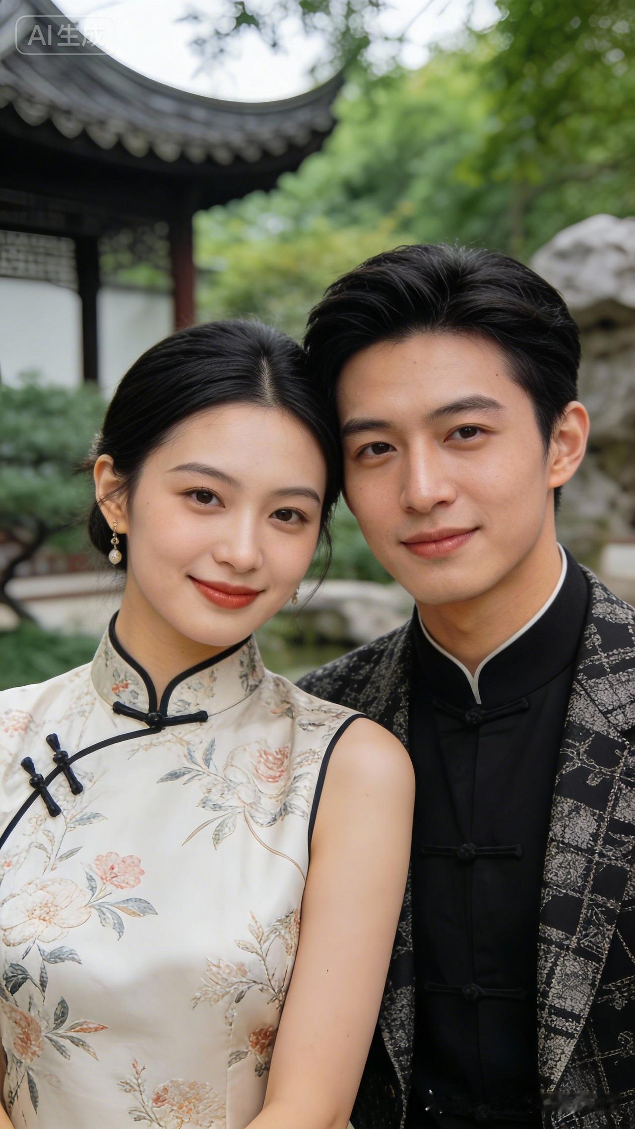 🌸 一对情侣在古典园林中，身着传统服饰，甜蜜相依。