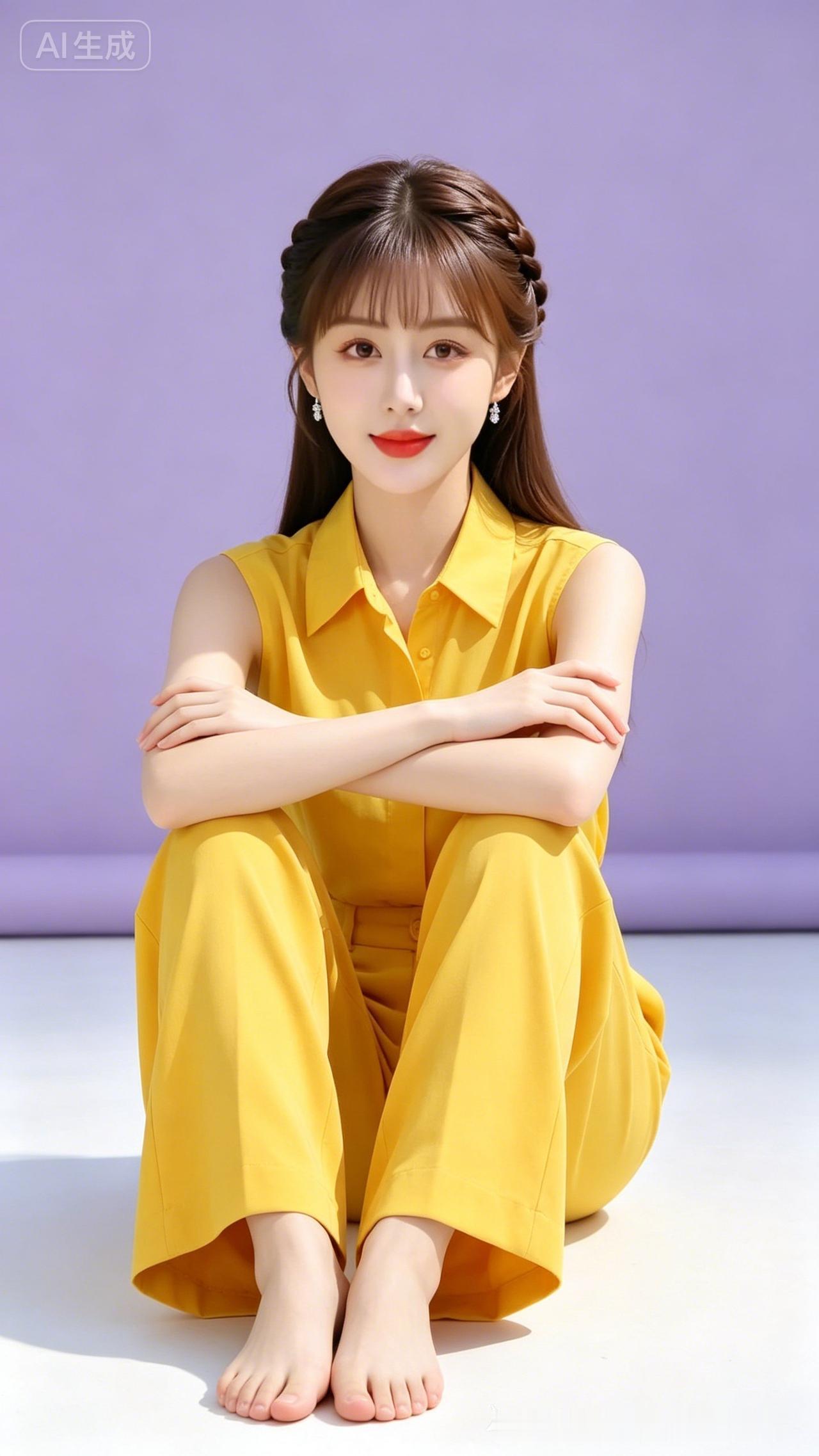 棕发女子涂抹明艳红唇，赤脚静坐，身着亮黄色无袖翻领衬衫与同色系腰带阔腿裤，双臂交