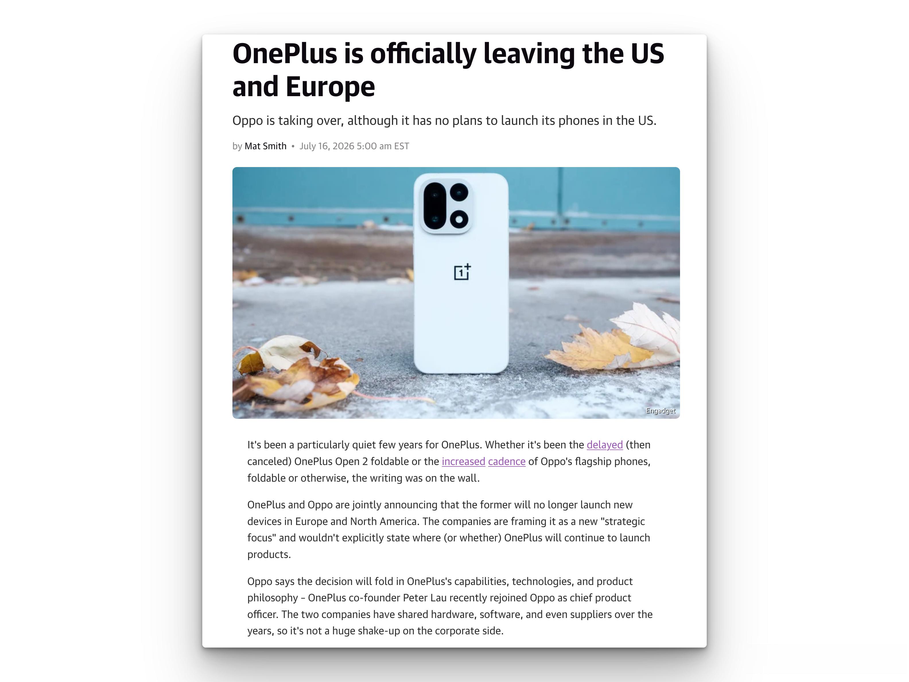 一加退出欧美新机市场，OPPO将整合品牌技术与资源一加（OnePlus）与OPP