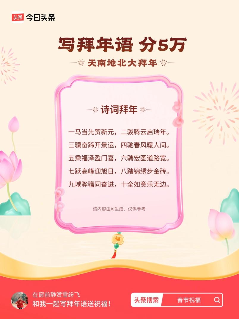 三骥奋蹄开景运，四驰春风暖人间。 五乘福泽盈门喜，六骋宏图道路宽。 七跃高峰迎旭