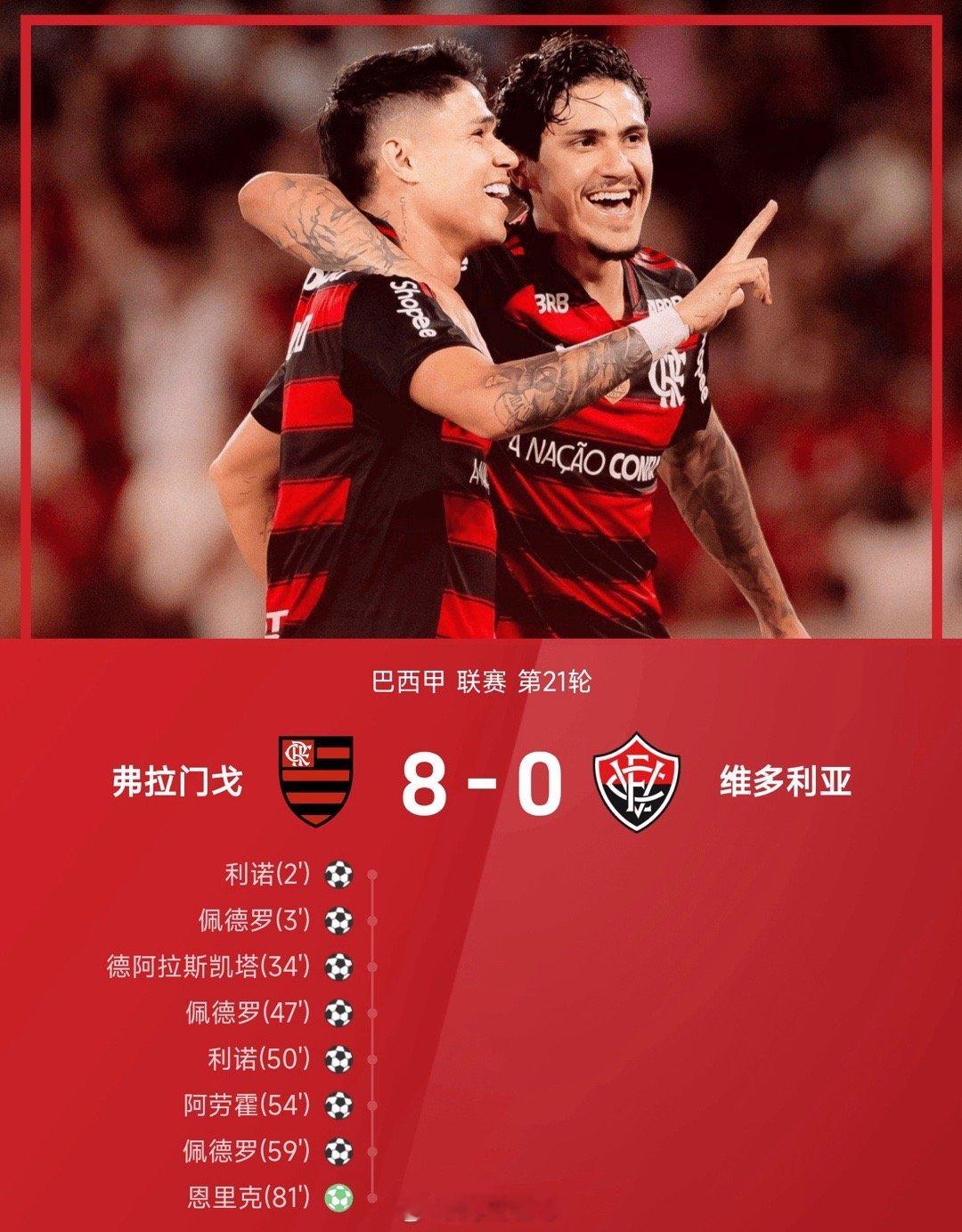 佩德罗帽子戏法，弗拉门戈8-0狂胜维多利亚弗拉门戈维多利亚 ​​​