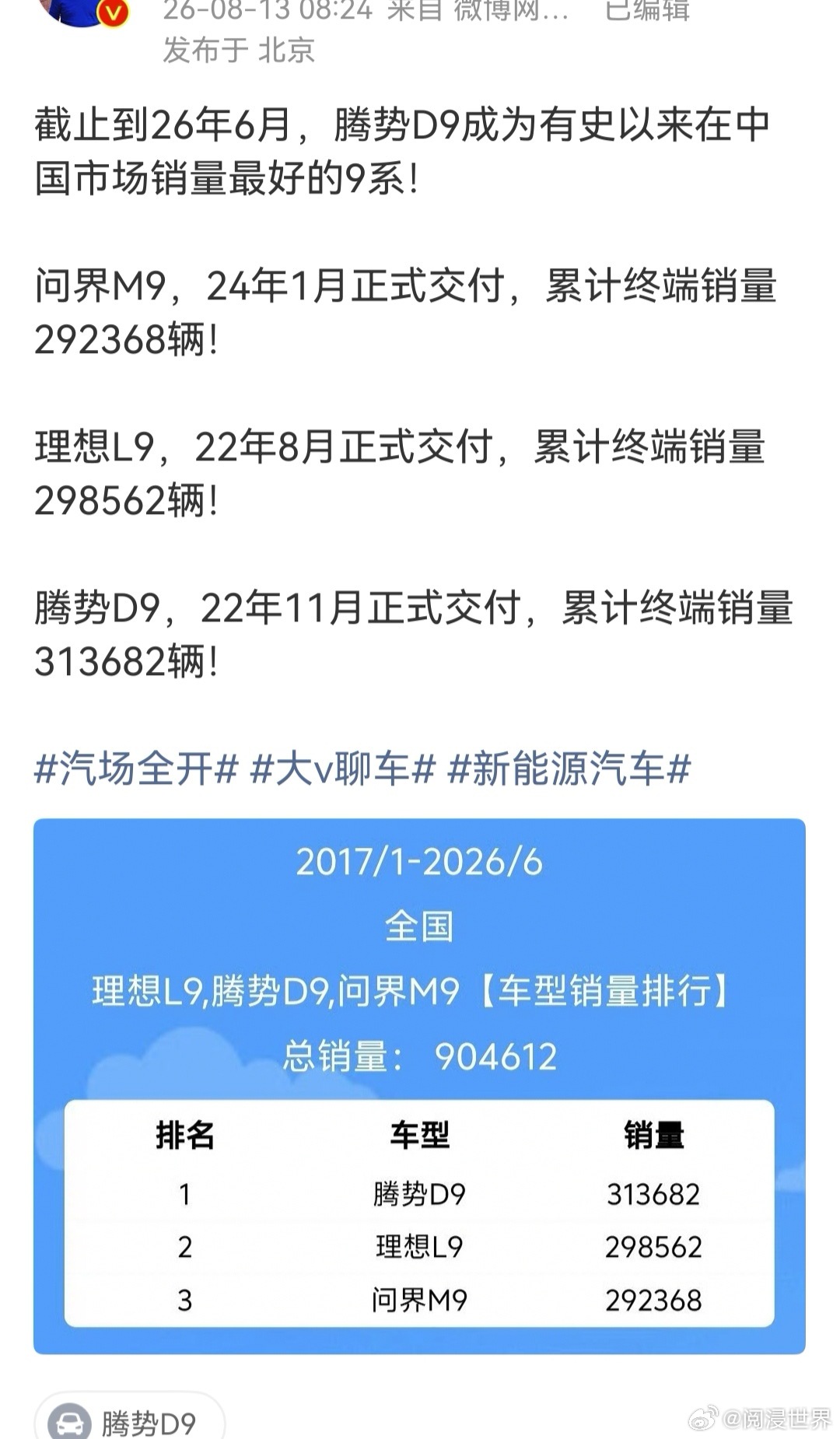 把MPV和SUV放一起比销量，硬凑个“9系”榜单，这个对比口径有点离谱，不同品类