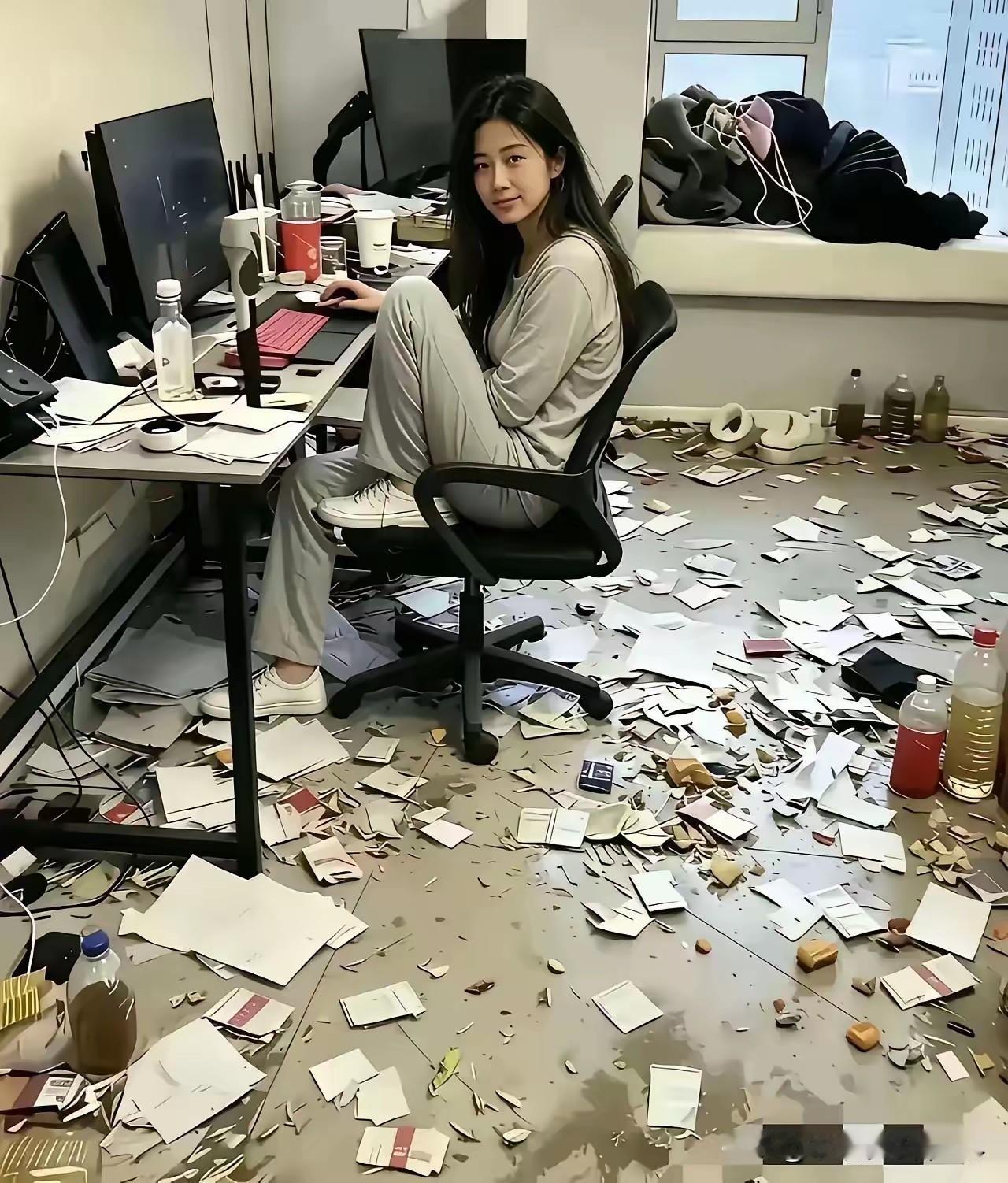 ＃真心话茶局这是在加什么“班”？工位塌了，人还心安理得。这满地废纸，瓶罐横陈，这