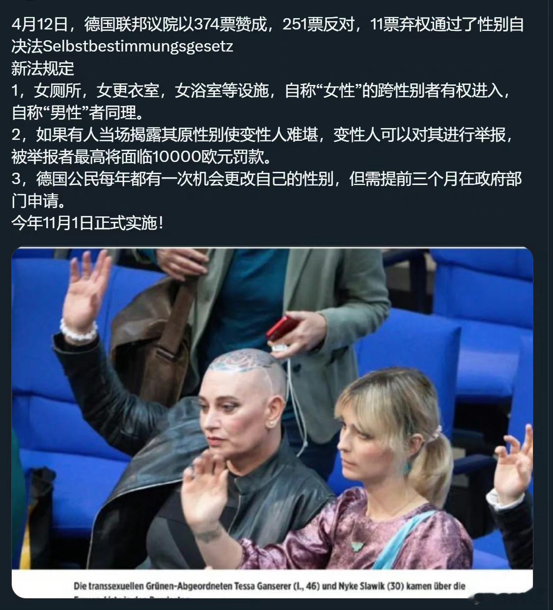 4月12日，德国通过了《性别自决法》Geschlechtseintrag (SB
