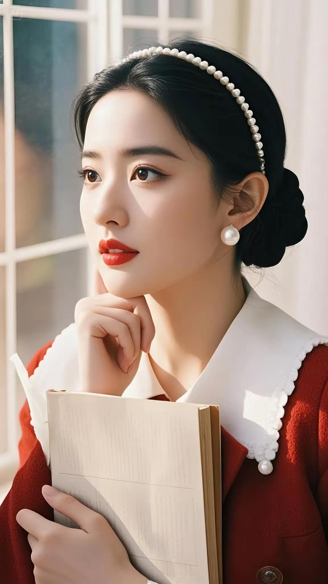 复古红衣少女，珍珠发带，沉思中翻阅书籍，时光静好。