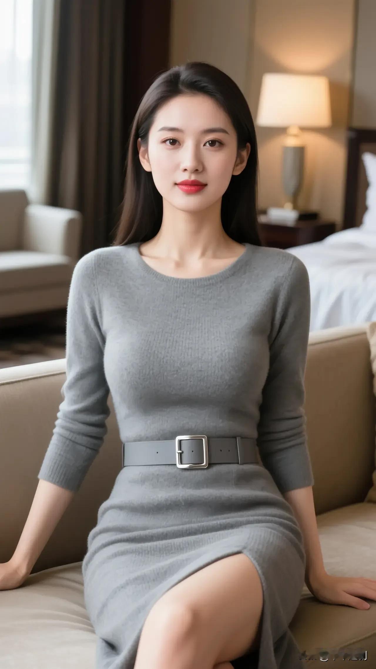 浅灰针织裙衬着轻奢客房，宽腰带点缀揉出干练又温柔的氛围感💨
职场知性穿搭 灰色