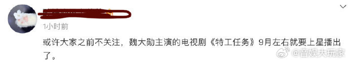 #新浪娱乐[超话]##魏大勋主演特工任务或将9月播出#   的确能够感受到，现在