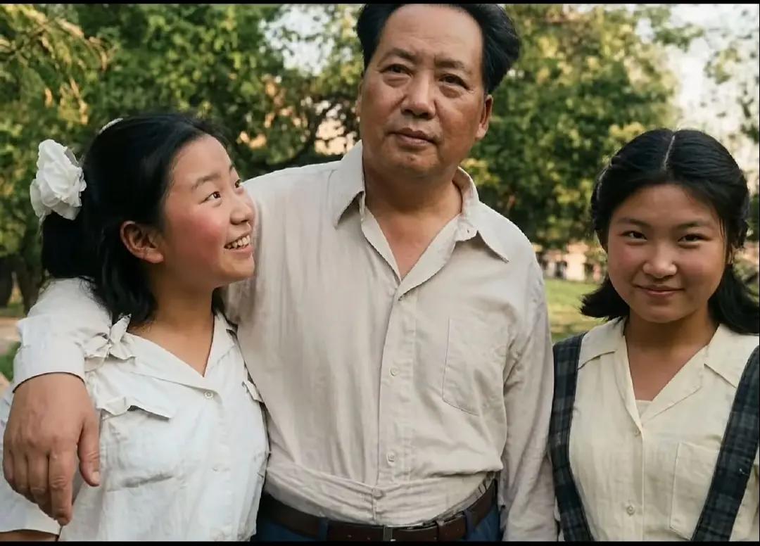 毛主席和两个小棉袄李敏、李讷，一家人快乐的在一起。