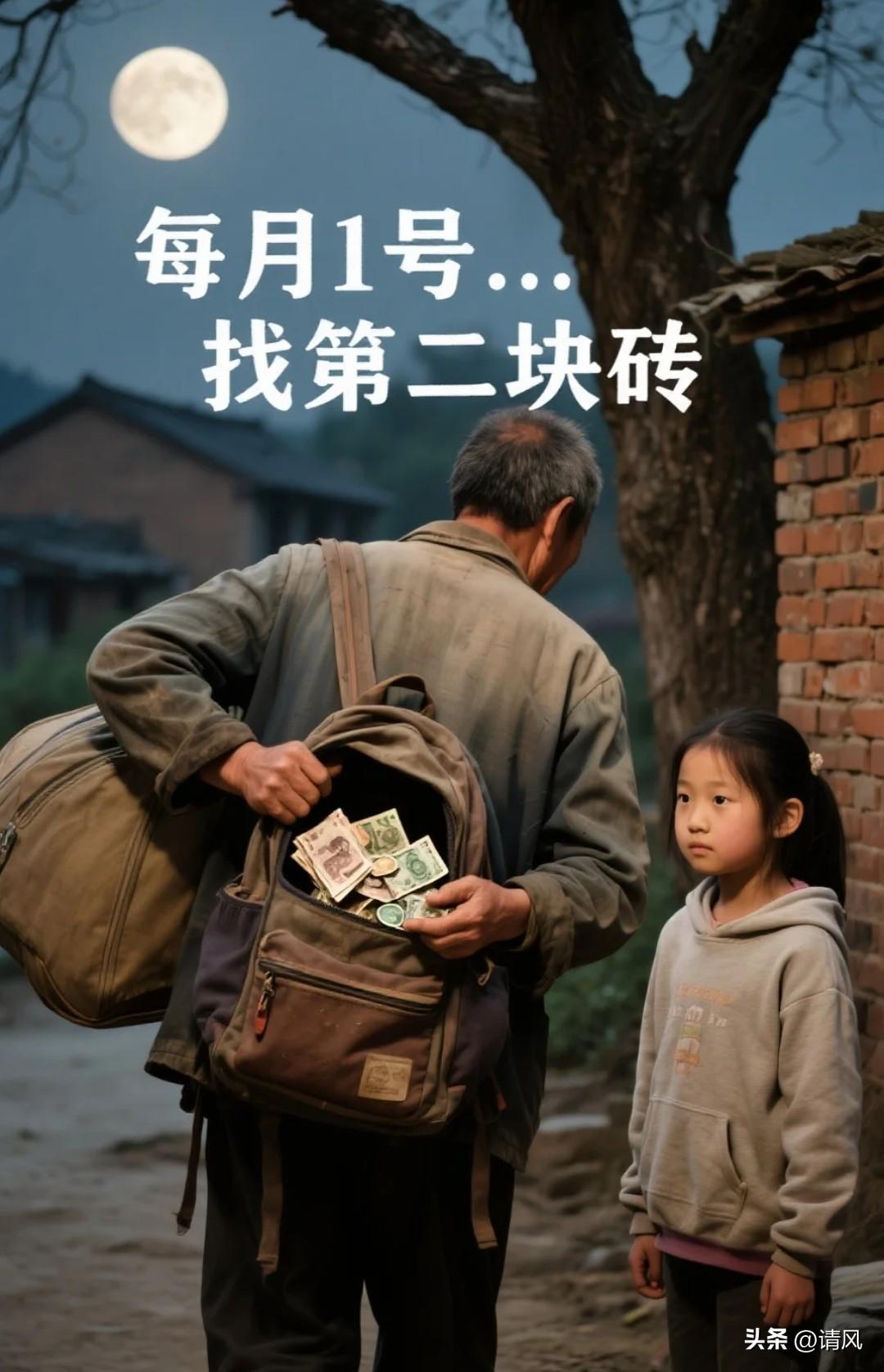 父亲把一沓皱巴巴的零钱塞进女儿书包，