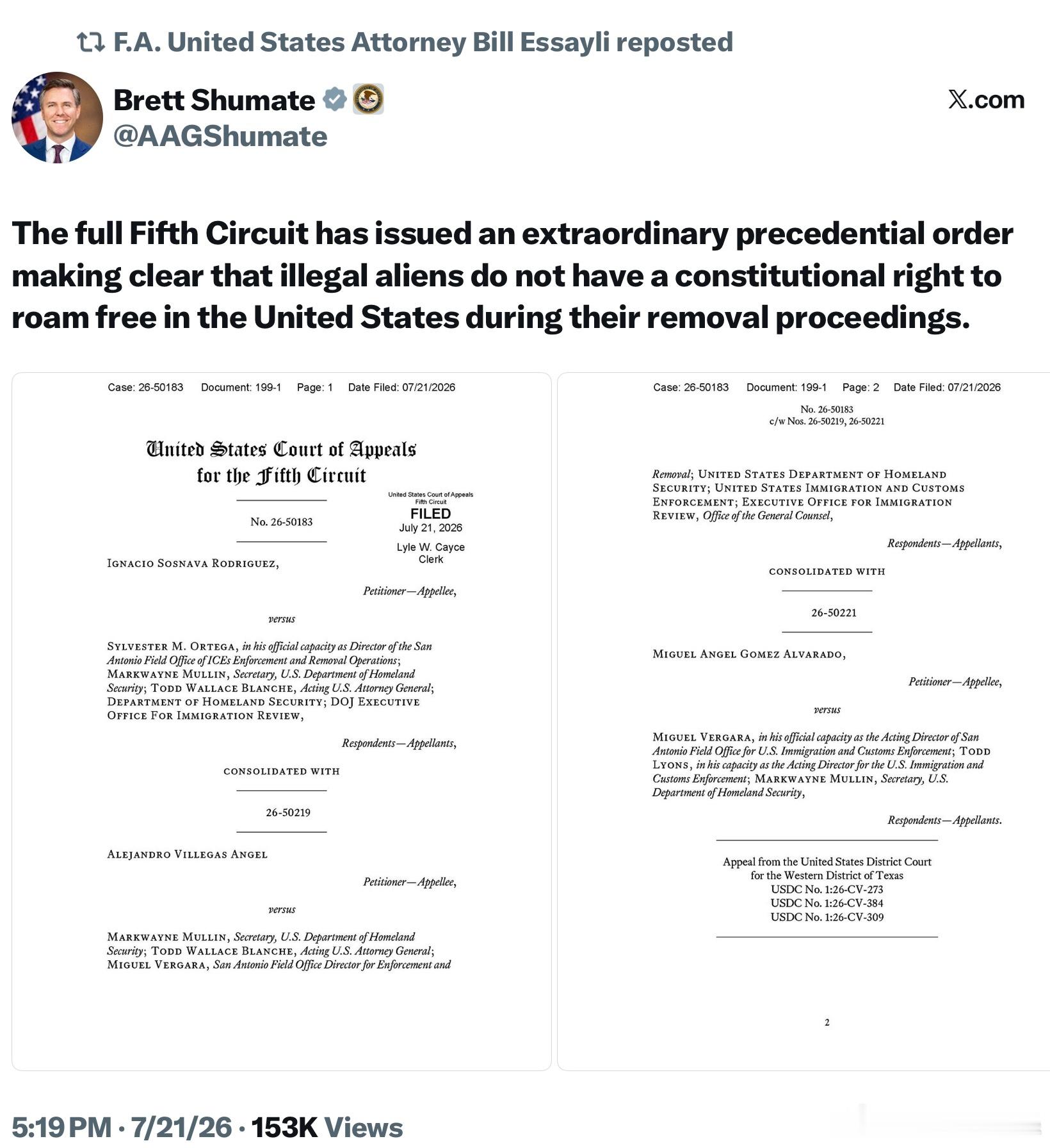 美國第五巡迴上訴法院全體法官 （而非三人合議庭）作出一項具有判例約束力的重要裁定